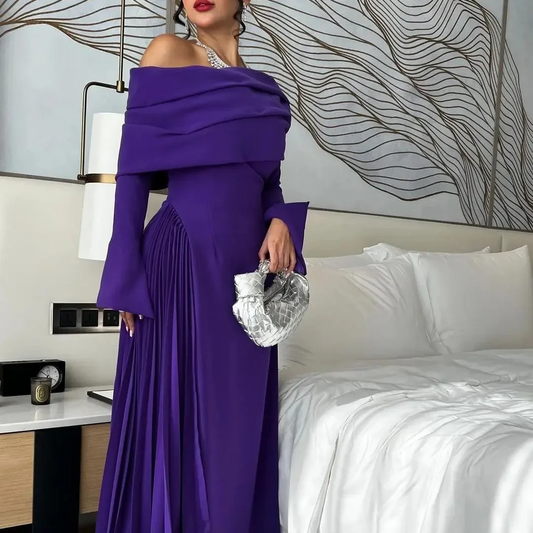 

Customized Purple Off The Shoulder Long Sleeves Prom Dresses A-line Evening Dress Floor-Length vestidos de festa