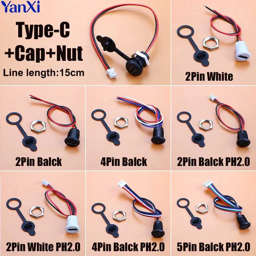 

1/5pcs USB Type C Connector Type-C Female Socket W/ PH2.0 Terminal Nut Locking Plate USB-C 3A TPC Waterproof Charging Jack Port