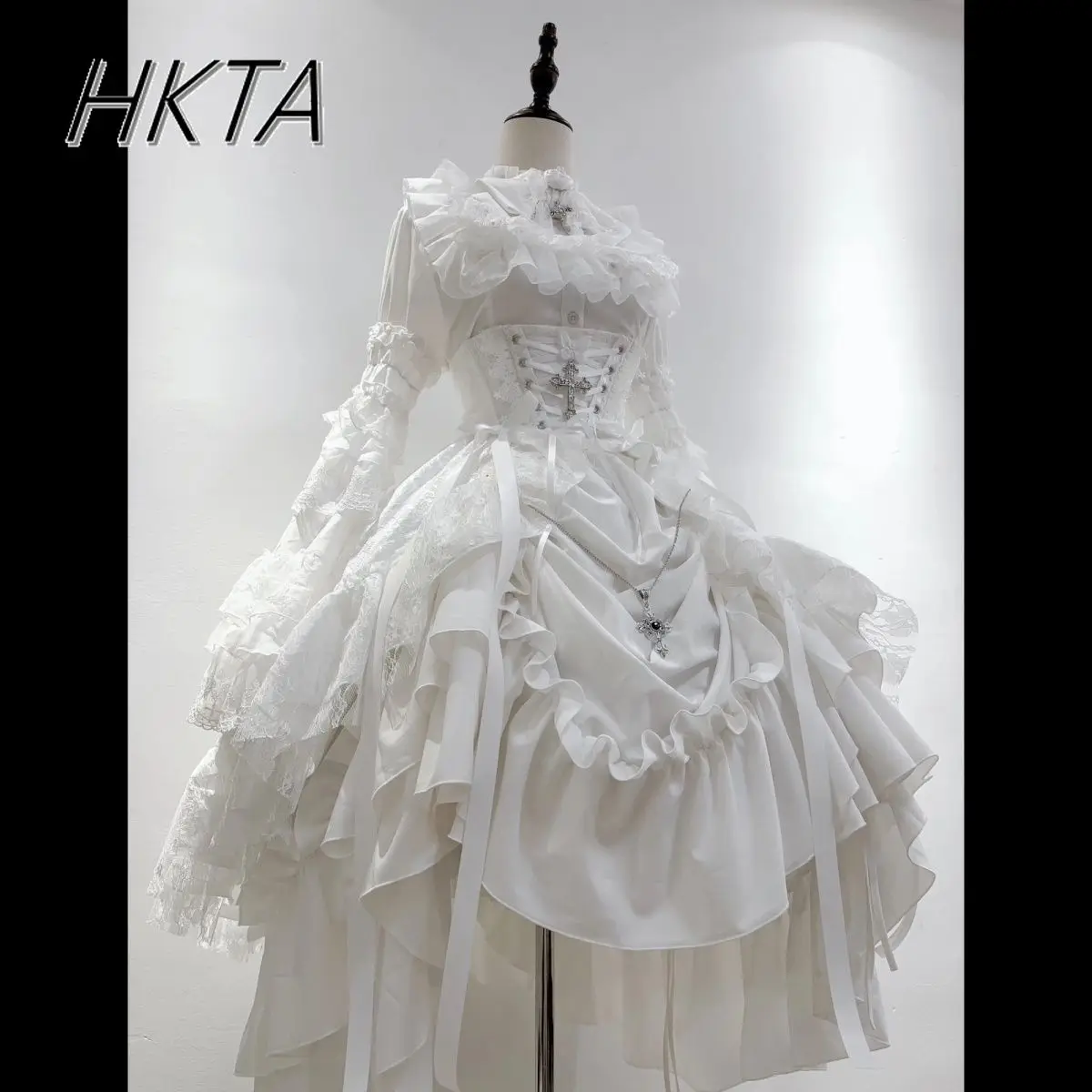 Gorgeous Gothic Style Sleeves High Waist Shirts Slim Fit Pleated White Long Skirts Women Lace Bow Lolita Y2k Skirt 3 Piece Sets - Image 4