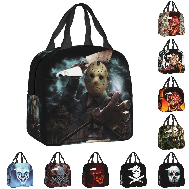 

Halloween Horror Movie Insulated Lunch Bag for Women Resuable Cooler Thermal Evil Clown Lunch Box Work School Food Picnic Tote