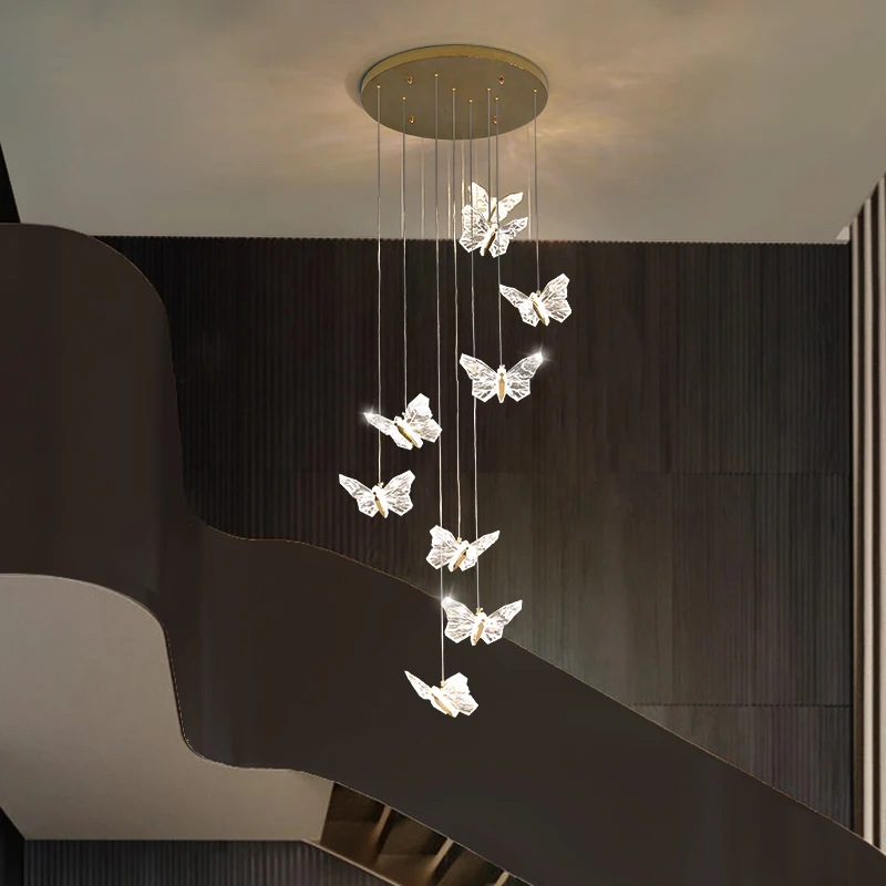 

Light Luxury Simple Fashion Duplex Living Room Butterfly Crystal Chandelier Restaurant Atmospheric Luxury Long Hanging Lighting