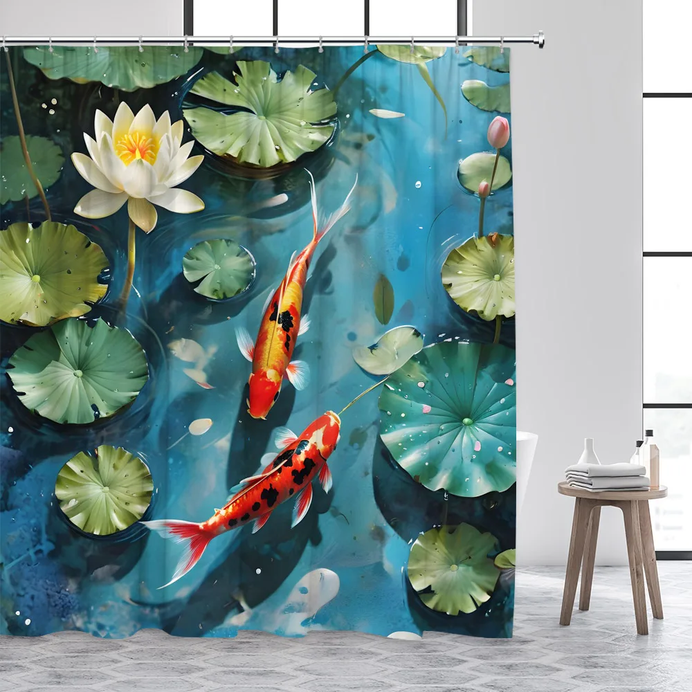 Lotus Carp Shower Curtain Lake Green Leaves White Flowers Koi Fish Chinese Style Bath Curtains Fabric Home Bathroom Decor Set