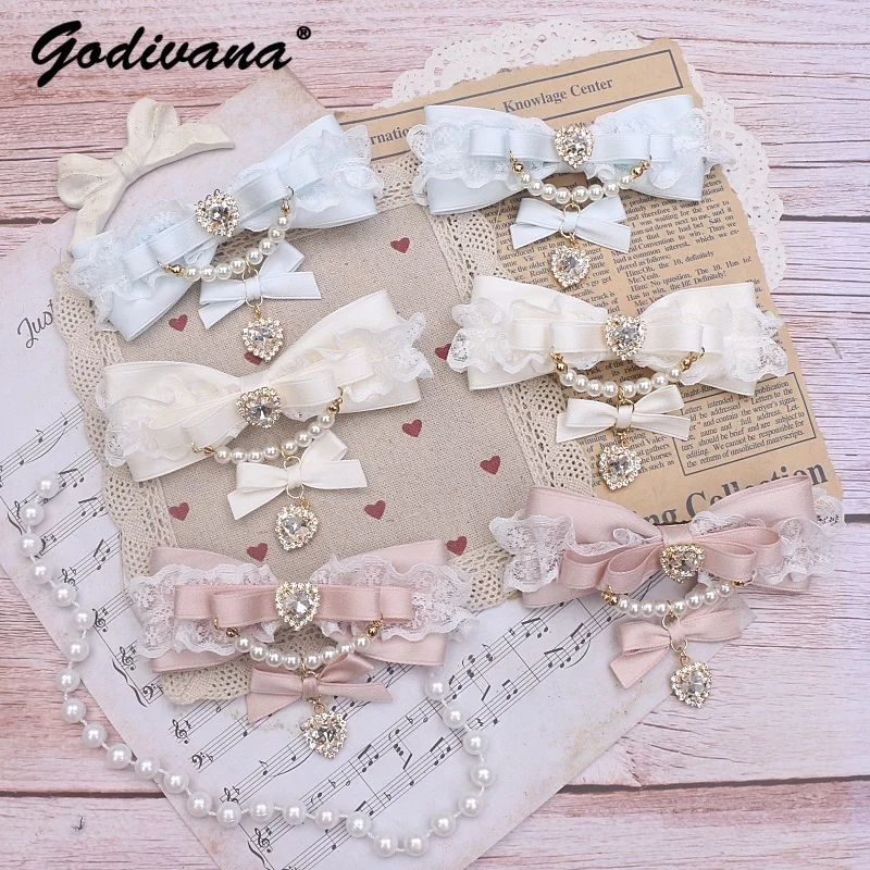 

Handmade Japanese Sweet Mine Series Mass Production Hair Clips Lace Love Rhinestone Beaded Bow Hairpin Girl Women's Side Clips