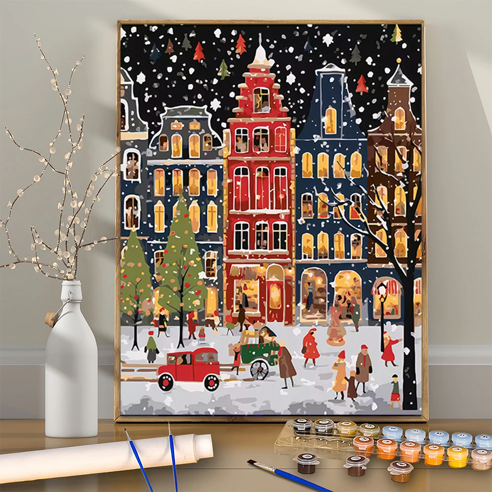 

1Pcs Cozy Market Scene in Snowy Night Town DIY Acrylic Digital Painting Kit For Beginners Home Wall Decor Frame Not Included