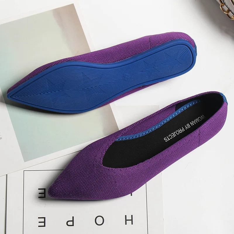 Women shoes pointed flat shoes 2024 spring and autumn new knitted breathable anti-slip beautiful color contrast breathable anti-