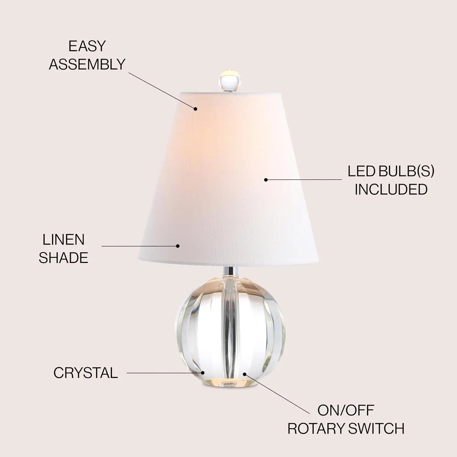 16" Clear Crystal Ball LED Table Lamp, White Modern Bedside Lamp with White Linen Shade, Glam Nightstand Light for Living Room, LED Bulb Included view 5