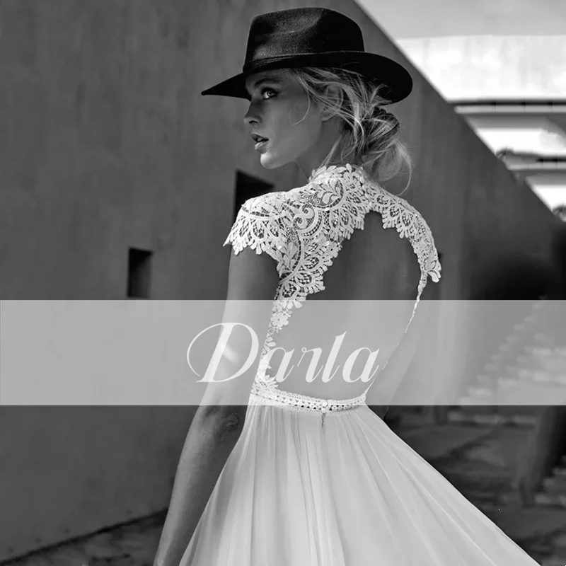 Boho A-Line Chiffon Long Wedding Dress Pleated High Neck Lace Short Sleeves Bride Dresses Sexy Backless Vestidos 2025 Customized