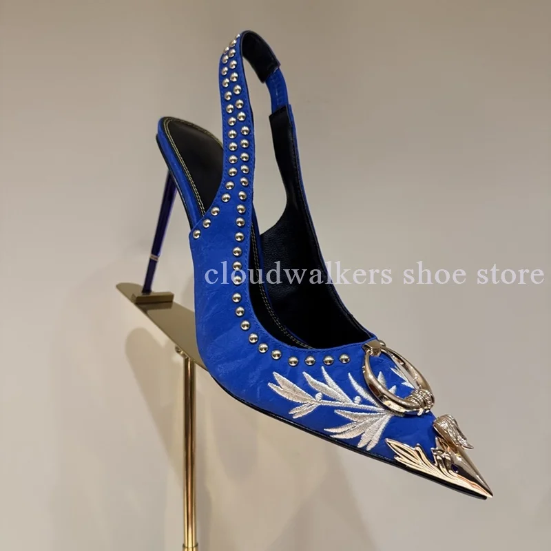 

Retro Pointed Toe Metal Buckle Satin Exquisite Embroidery Women's Stiletto Sandals Party Sexy Slingback Slip On Back Strap Pumps