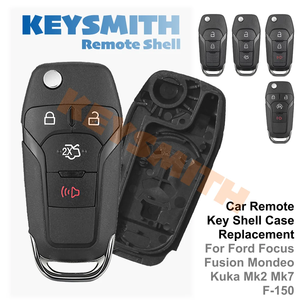 KEYSMITH Flip Remote Car Key Shell For Ford Focus Fusion Mondeo Kuga Mk2 Mk7 F-150 Explorer Ranger Uncut Blank 2 3 4 Button Fob