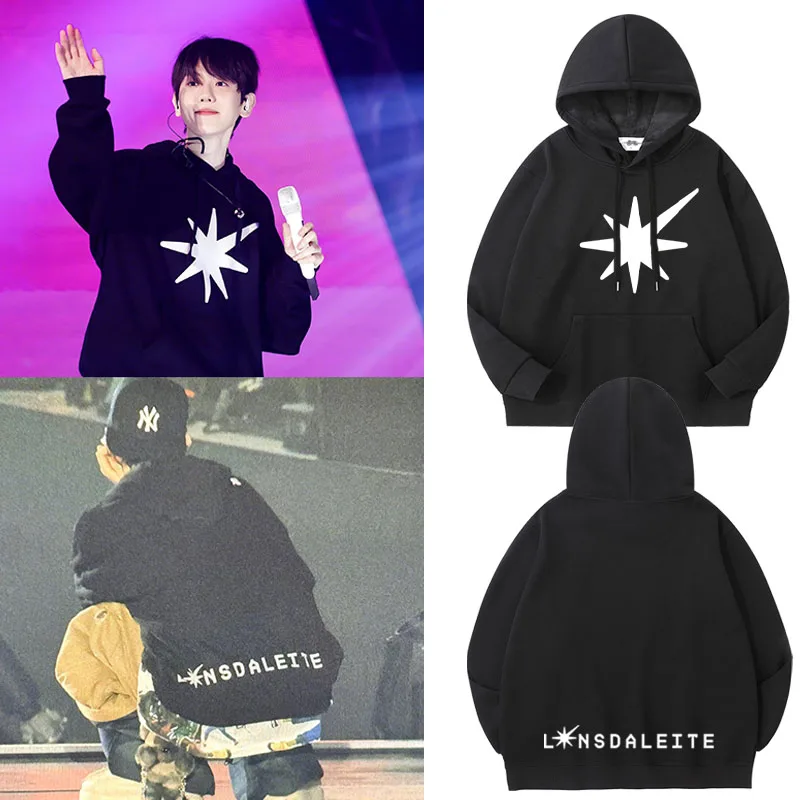 

Толстовка EXO Baekhyun Asia Concert с флисовой подкладкой, из чистого хлопка, свободного кроя, с принтом, повседневная, молодежная, трендовая, осень-весна
