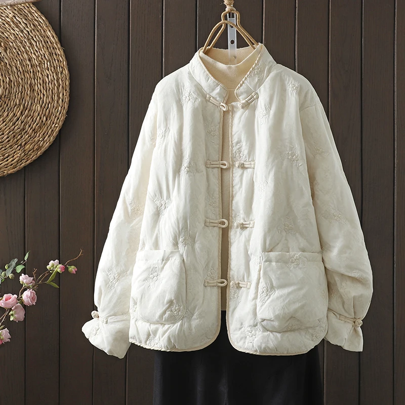 New Chinese Style Winter Women's Loose Casual Collared Embroidered Cotton Jacket Button Retro Artistic Ethnic Outerwear