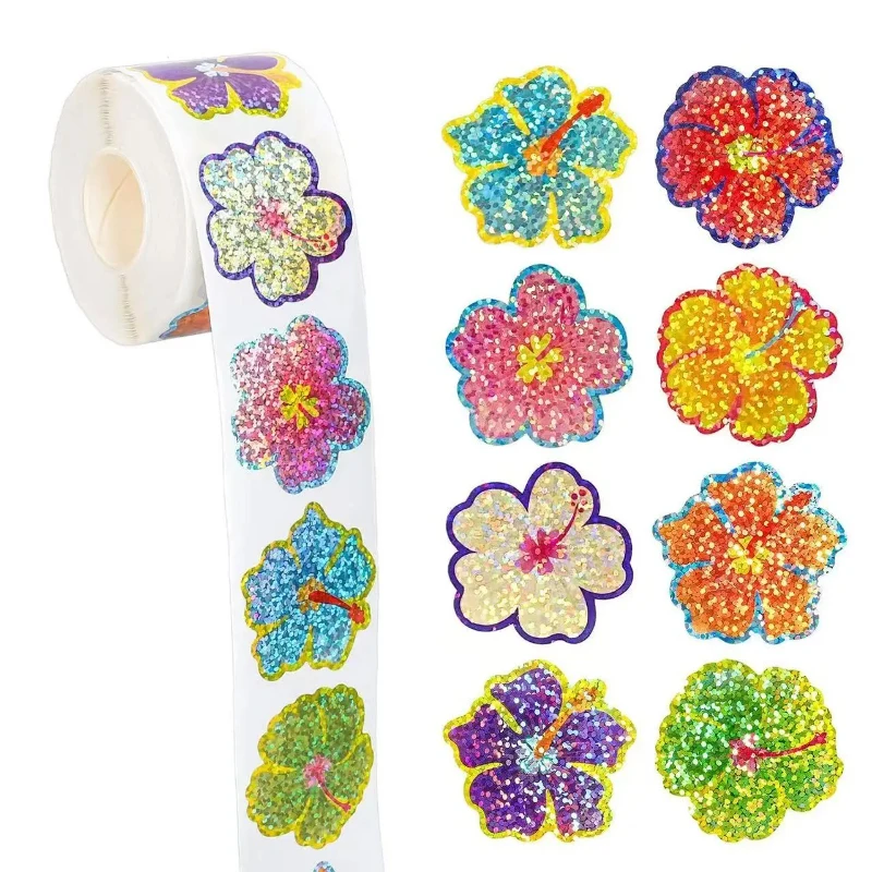 500 Uds./rollo de pegatinas láser coloridas con diseño de flor de hibisco, 8 pegatinas florales para decoración de regalos del Día de la Madre, embalaje de sobres impermeables
