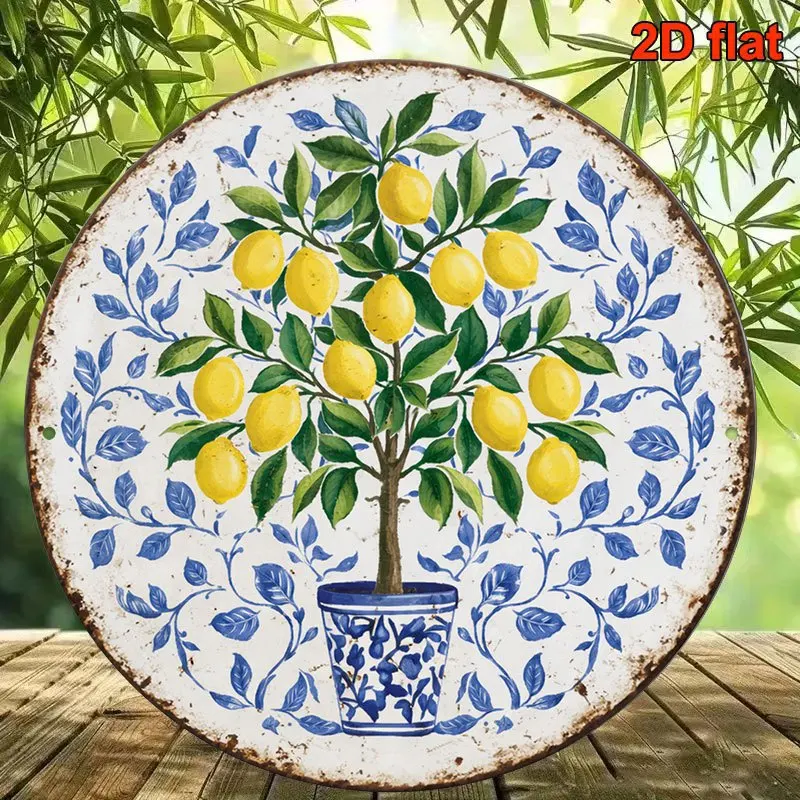 Placa plana 2D, 1 unidad, 8x8 pulgadas/20x20 cm, placa redonda de aluminio, diseño vintage con motivos decorativos, que representa un limonero, estilo mediterráneo.
