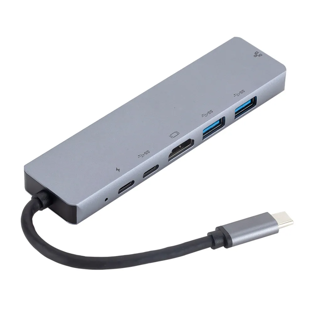 6 in 1 Type C Rj45 Hub Expansion Dock USB 3.1 Pd Charging Adapter Type C to Gigabit Ethernet Converter Silver Light Grey