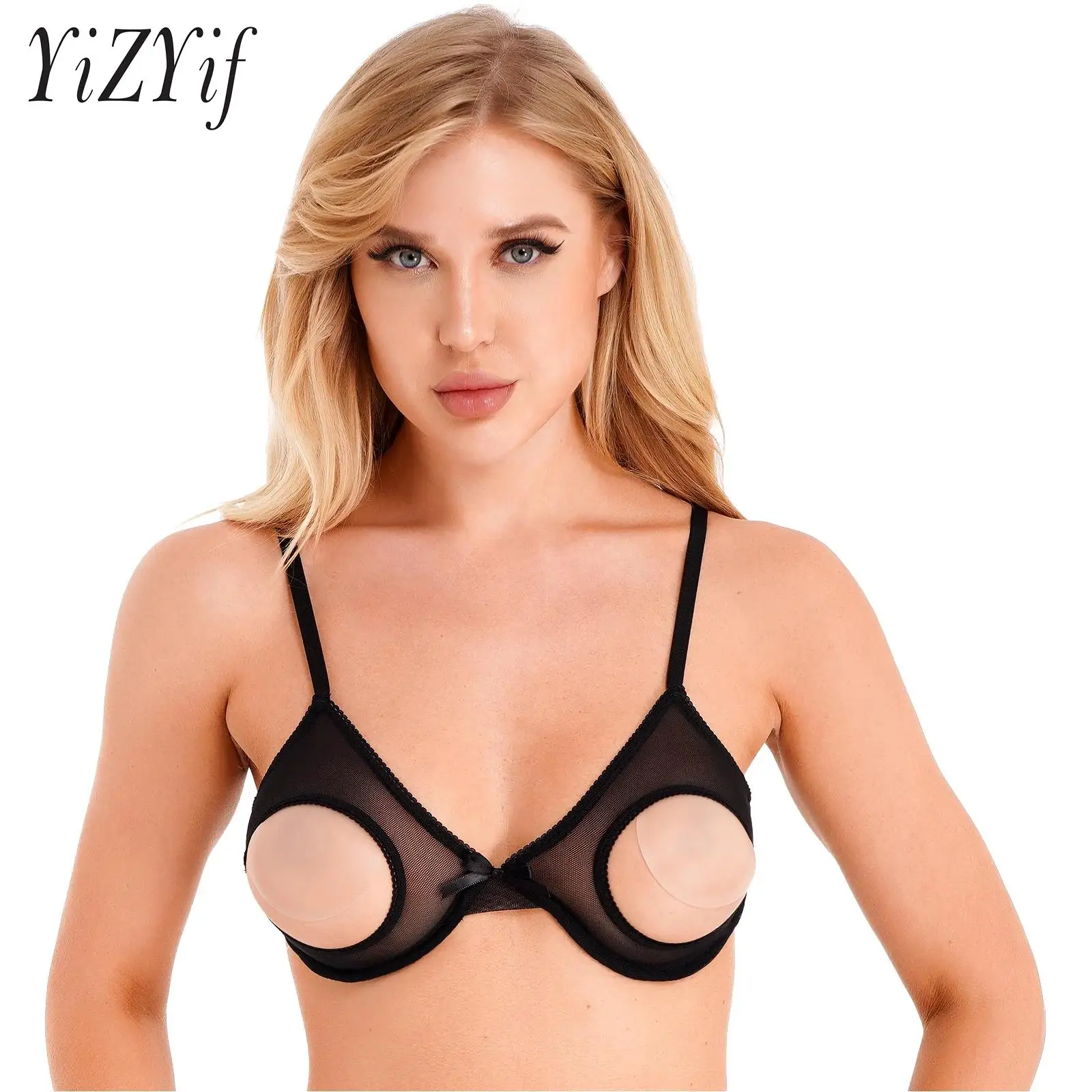 

Womens Hollow Out Sexy Lingerie Open Cups Underwired Bra Tops Adjustable Straps Sheer Mesh Brassiere Underwear for Sexy Women