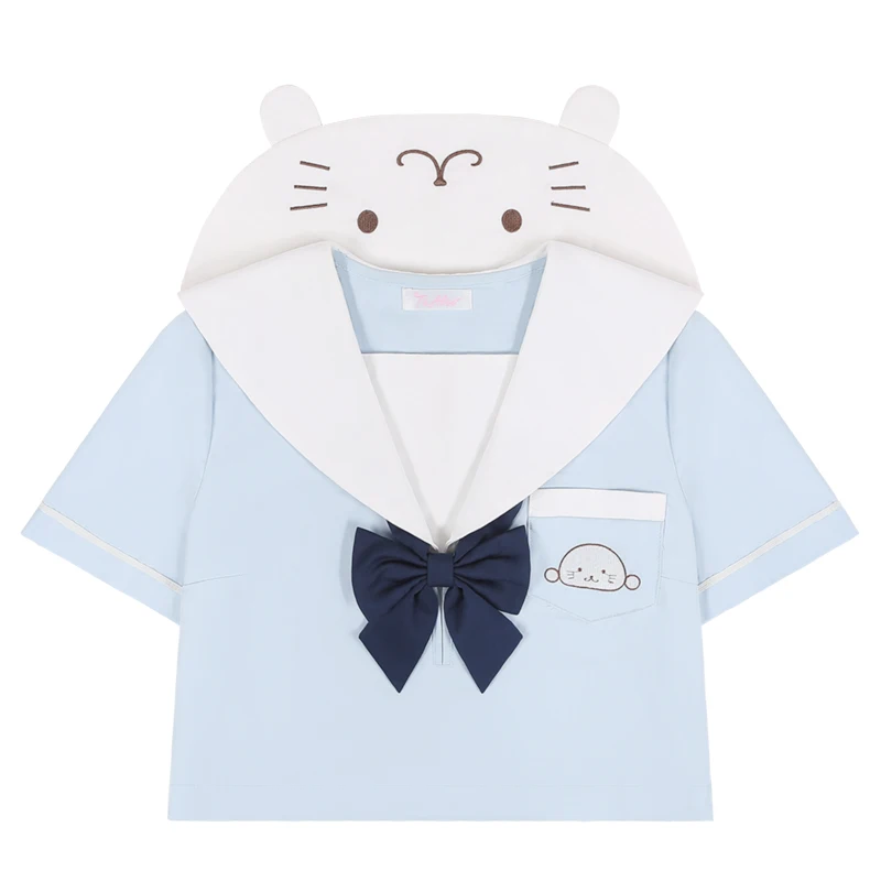 Soft Cute Cartoon Embroidered Collar JK Uniform Top 2025 New Navy Collar Short Sleeve Light Blue Top Short Jackets for Women