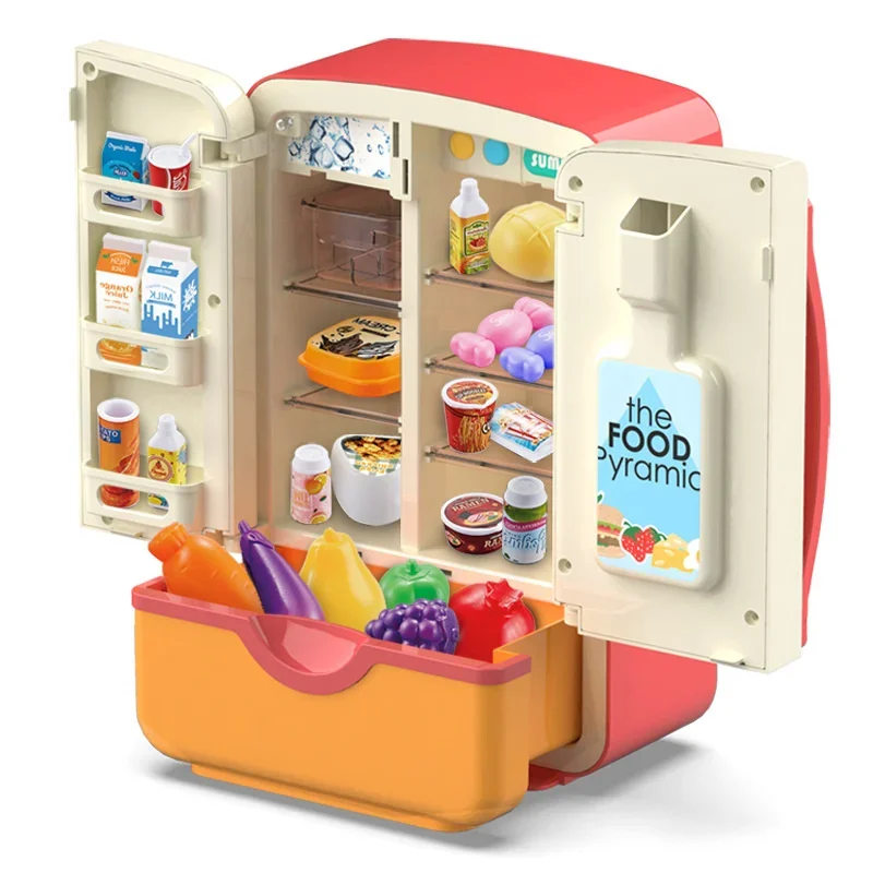 ครอบครัวเด็กๆ ของเล่นหลากหลายรูปแบบ ตู้เย็น เด็กชายและเด็กหญิง เสียงและแสงเสมือนจริง ก้อนน้ำแข็ง ครัวแสนสนุก