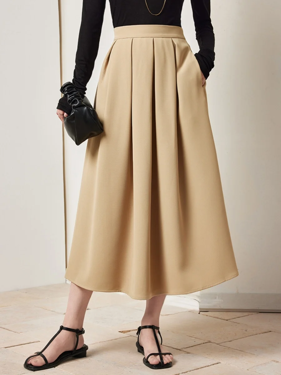 

High Waist A-Line Skirt JIANCHA Simple Artistic Women's Gentleman Pleated Draped Flower Bud f-length Skirt for Daily Use