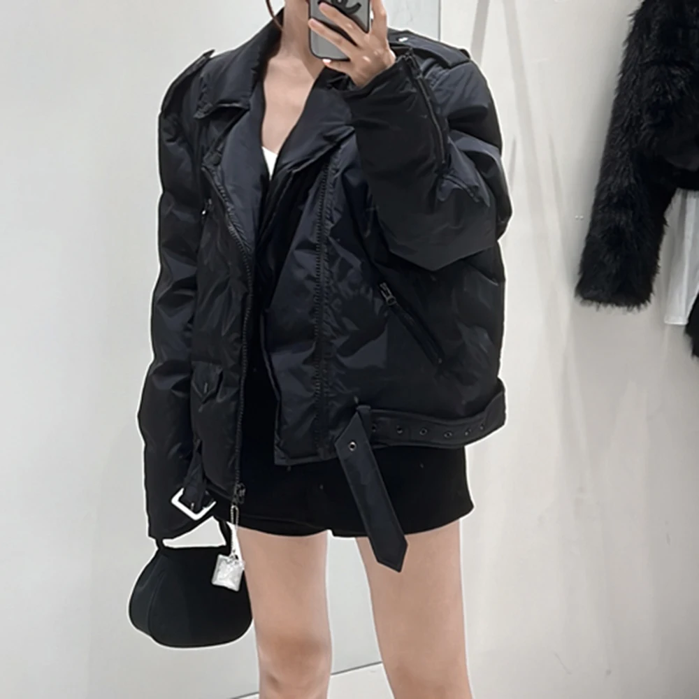 TWOTWINSTYLE Solid Spliced Zipper Parkas For Women Lapel Long Sleeve Patchwork Pockets Thick Loose Coat Female Fashion Clothing