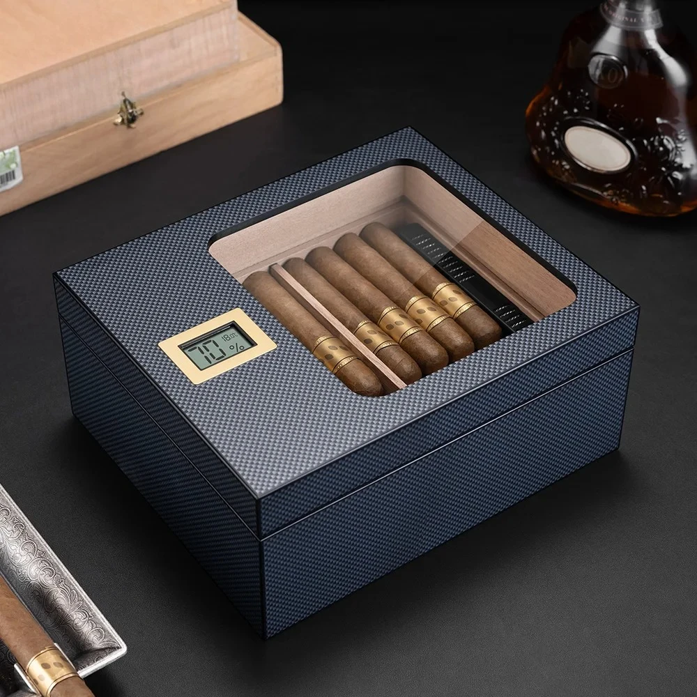 Cigar Humidor Cedar Wood Shelves Case Box Storage Cigars Window Perspective with Hygrometer Humidifier Fit 55pcs Cigars CA-24GI1