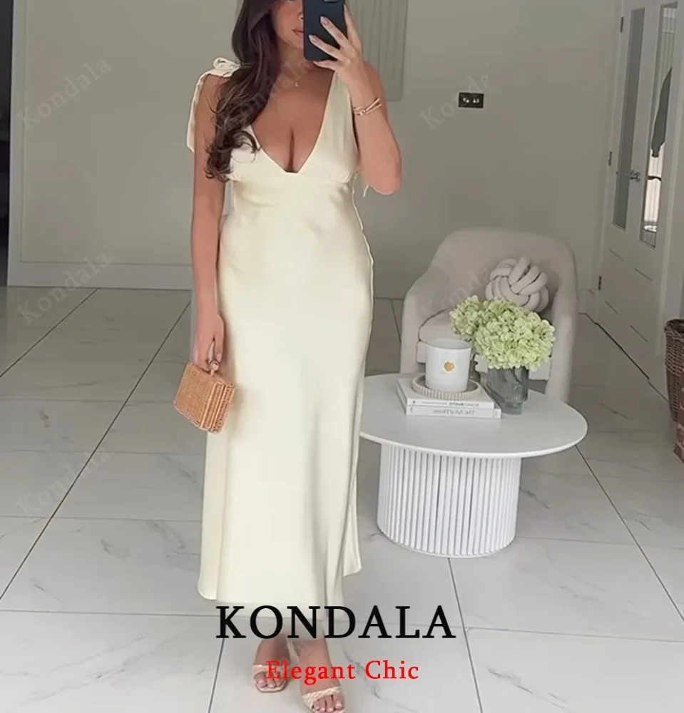 Kondala senhora outono elegante vestido de cetim arco alça de ombro profundo decote em v midi vestido para o sexo feminino 2025 verão moda jantar feminino dres
