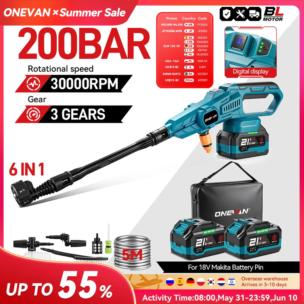 ONEVAN 200Bar pistolet de lavage haute pression sans brosse 3500W 6in1 pistolet de pulvérisation sans fil outil de lavage de jardin de voiture pour Makita broche de batterie 18V