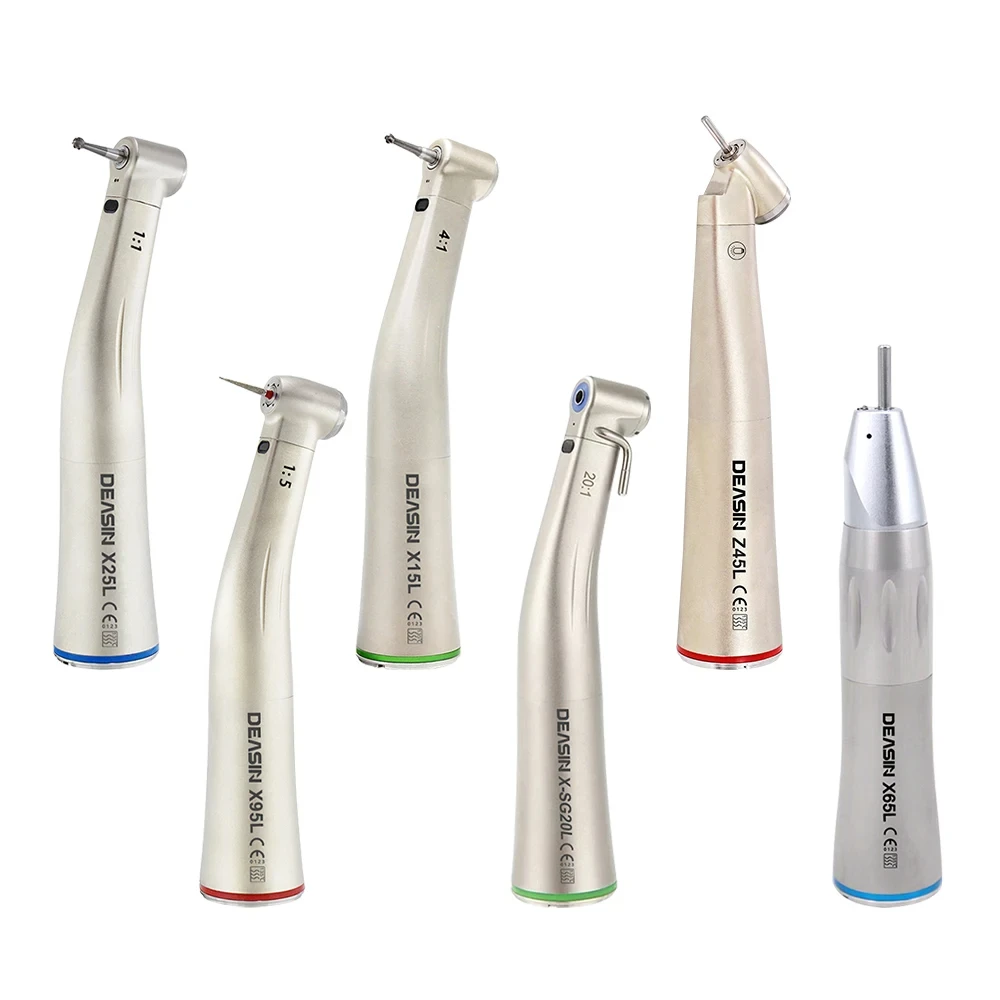 

Dental 1:5/ 1:1 / 4:1 / 20:1 Fiber Optic LED Contra Angle Handpiece nternal 4 Way Spray Push Button Dentistry Tools