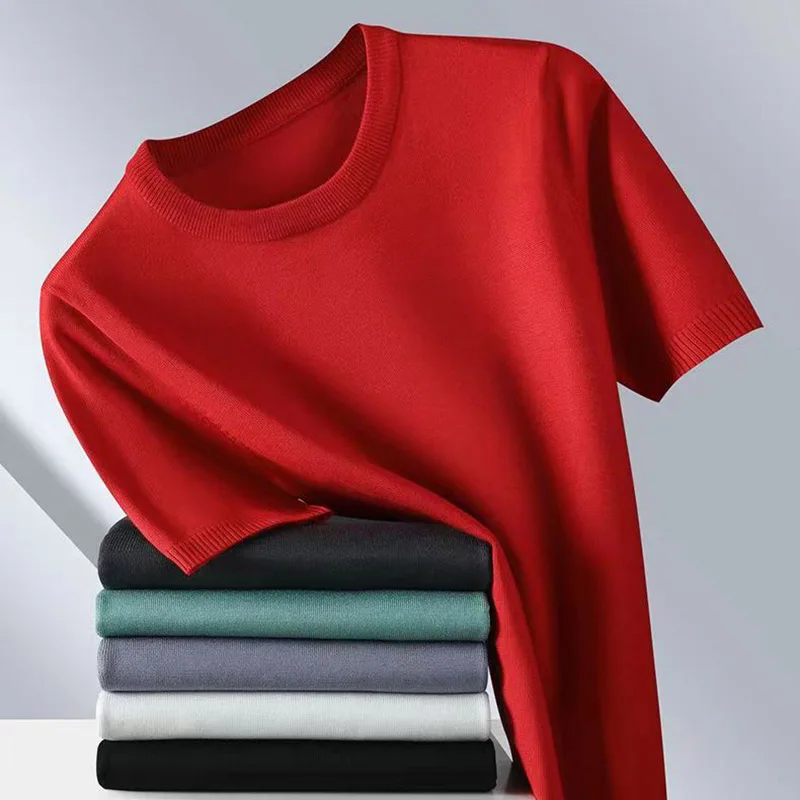 Men\'s  Superfine Merino Wool T Shirt Tops Knitted O-neck Breathable Thin Cashmer Short Sleeve Tee Solid Color Knitting  Jumpers