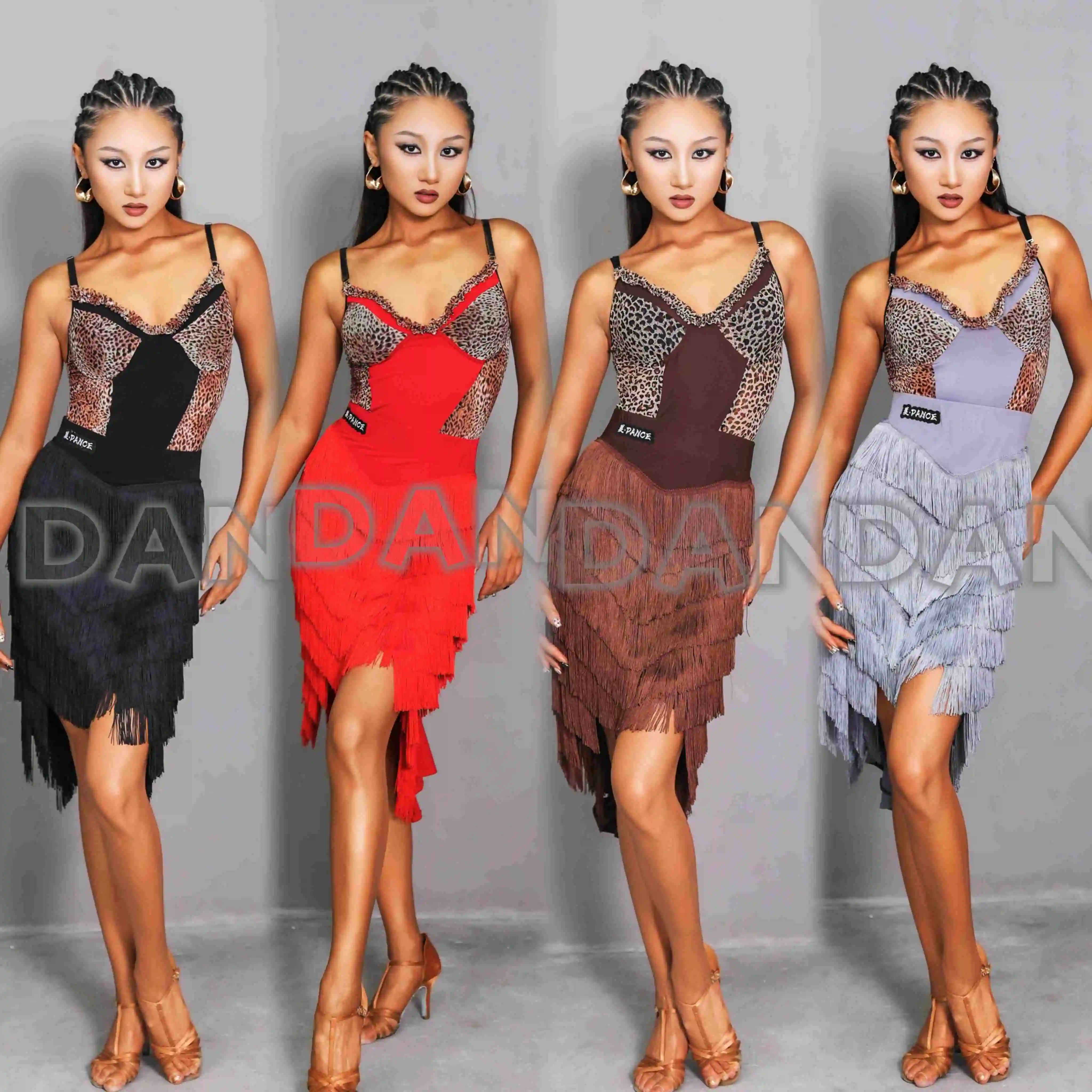 

Latin Dance Competition Clothing Women Leopard Tops Fringed Skirt Adult Performance Dancewear Rumba Cha Cha Dance Dress DNV24273