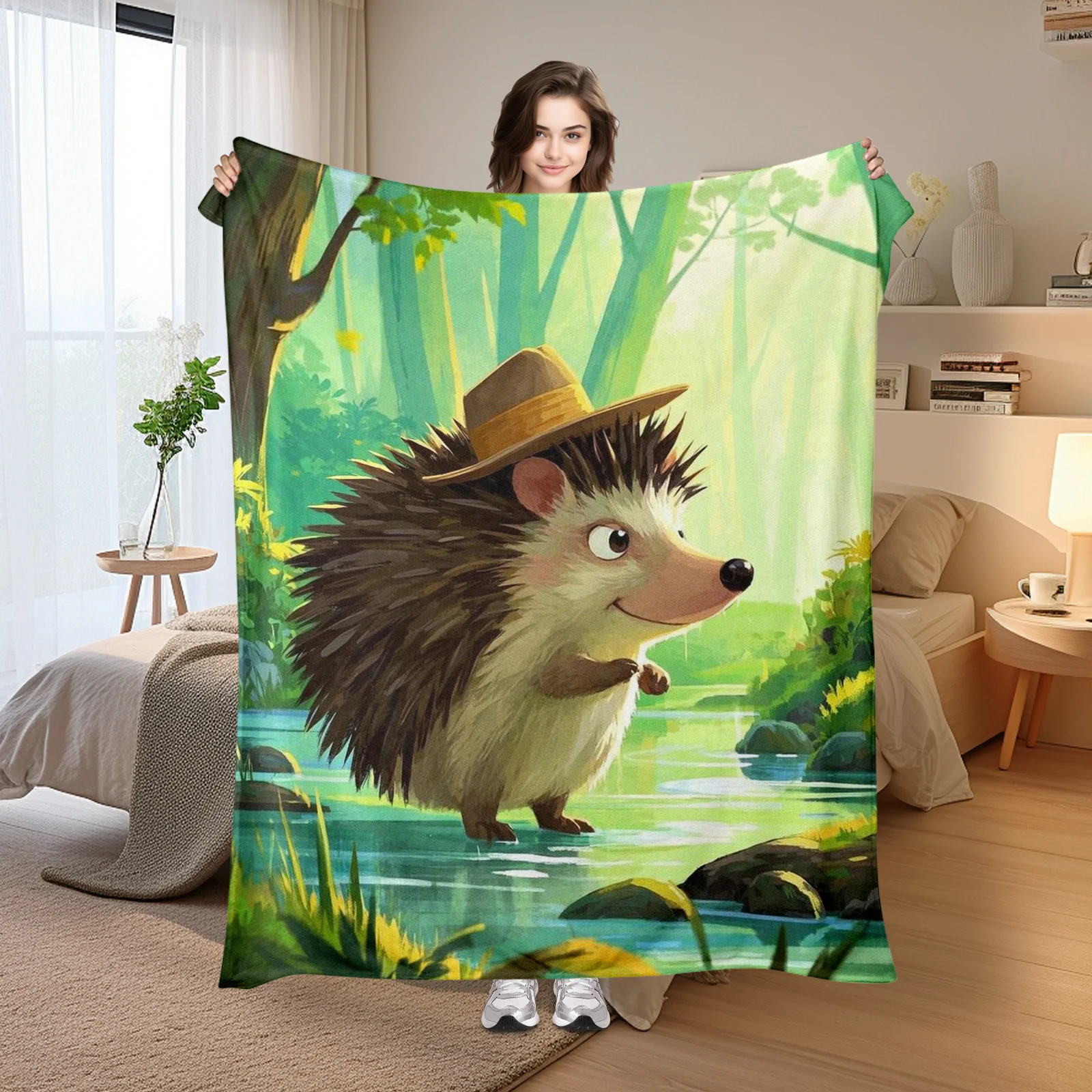 

Hedgehog In Deep Forest With Stream And Hat Blanket For Enchanting Themed Home Decor And Whimsical Style Statement