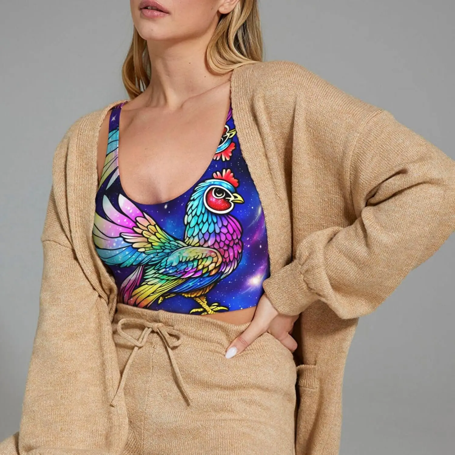 Galaxy Chicken プリント レディース スポーツ ベスト ヨガ ワークアウト フィットネス用 - カジュアル ノースリーブ アスレチック ガールズ用 ブラック XX-Large