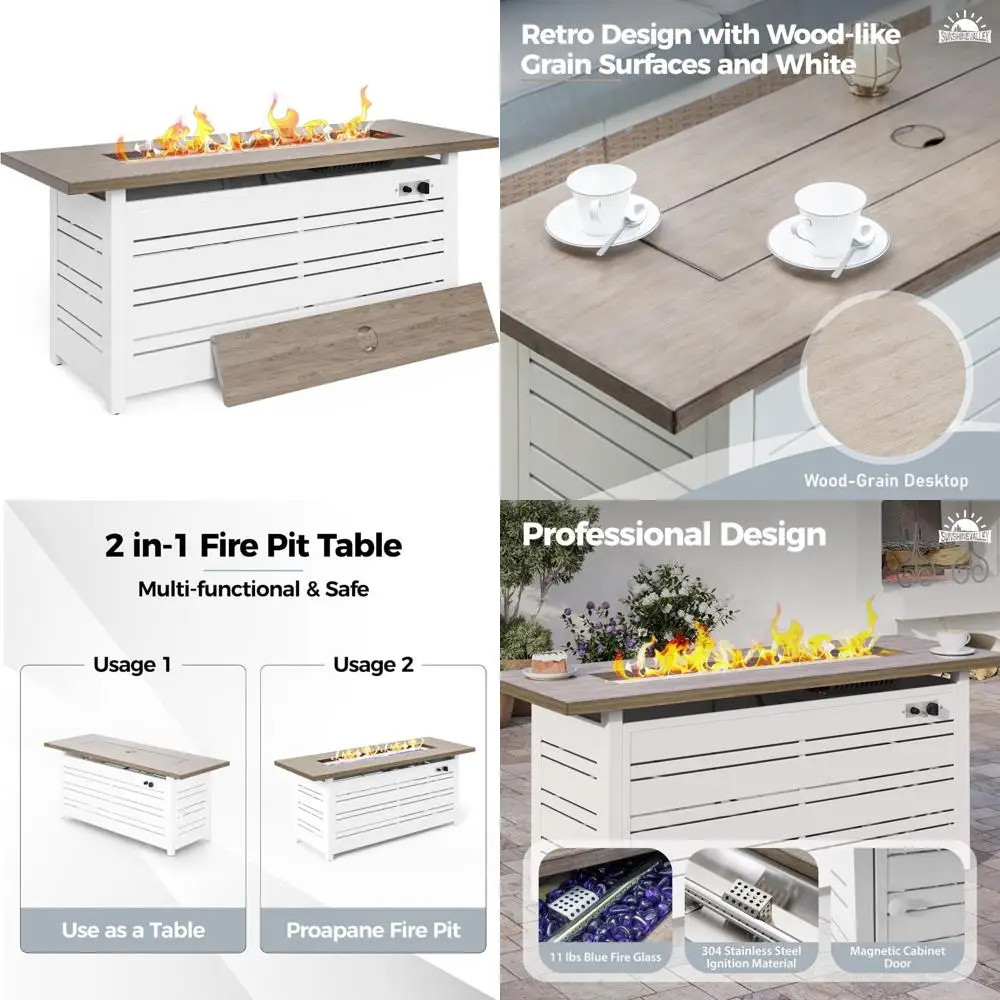 

Прямоугольный уличный газовый стол на пропане со стеклянным камнем, 57-дюймовая белая костра для патио