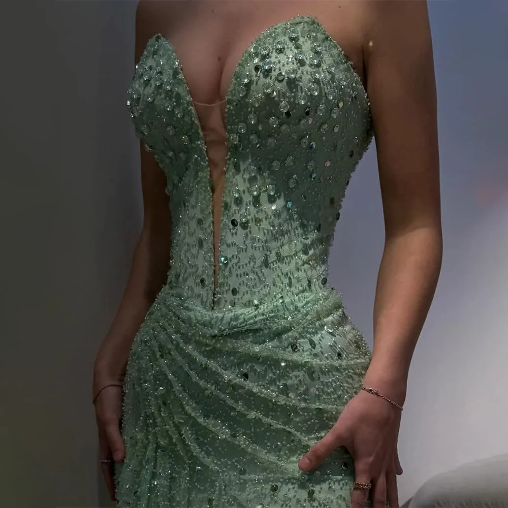 MANRUIXIN مخصص بلينغ حورية البحر فستان حفلة موسيقية حجم كبير بلا أكمام كريستال عالية الشق مطرزة مطوي فستان طويل امرأة دي غالا