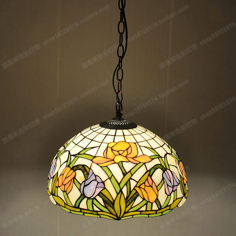 16 Inch European Style Tulip Pendant Light, Tiffany Style Restaurant Colored Glass Art Lighting, Antique Bar Fashion Countryside