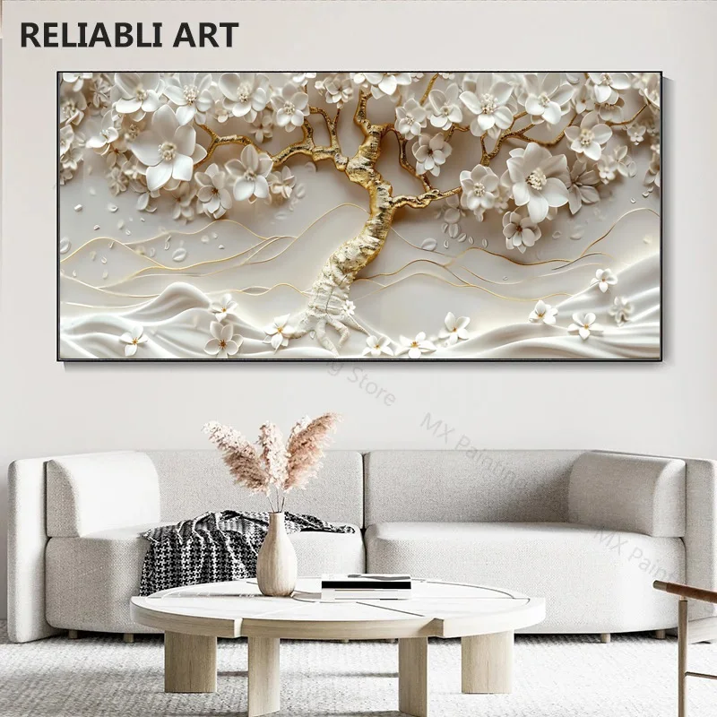 

Abstract 3D White Flowers Gold Leaves On Tree Canvas Painting,Wall Art Print Poster,Home Bedroom Decor Unframed Picrure Gift