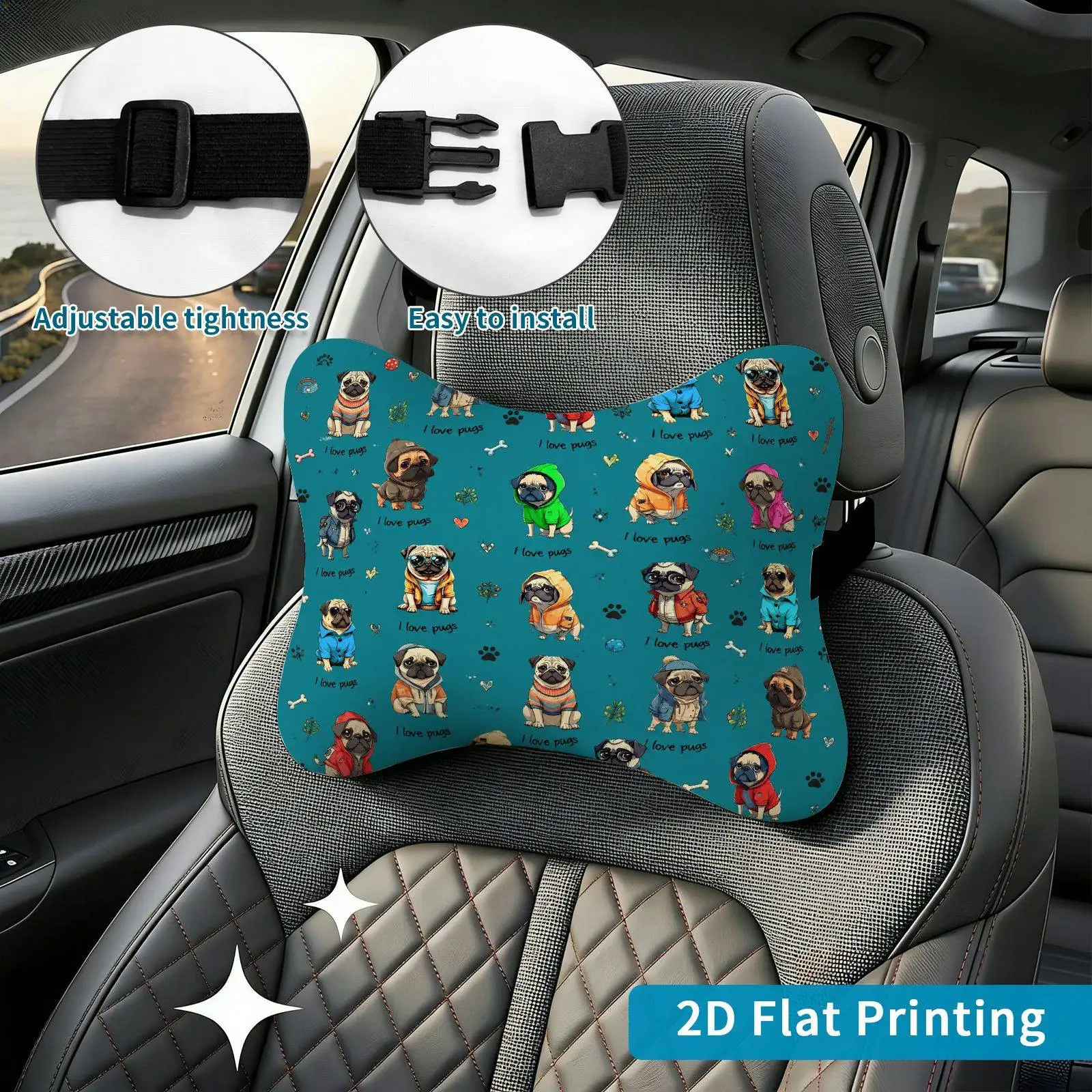 2pcs Dog Fashion Outfits Car Seat Headrest, Neck Support Cushion, Suitable For All Seasons Of Car Additions, Dog Print Theme, Tr