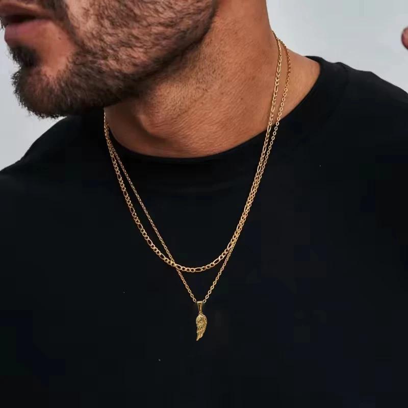 18K Gold Plated Angel Wing Pendant Necklace - Vintage Feather Design for Men, Stainless Steel Chain Jewelry Gift