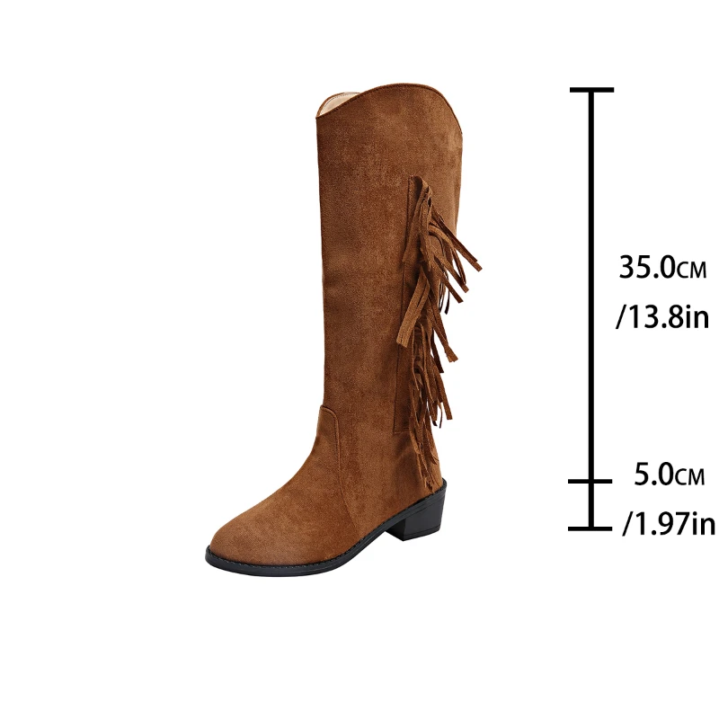 Tassel Boots, Sexy Pointed Toe Square-heeled Shoes, Winter Knee-high Boots, Fashionable Denim Western Boots, Women's Shoes image 2