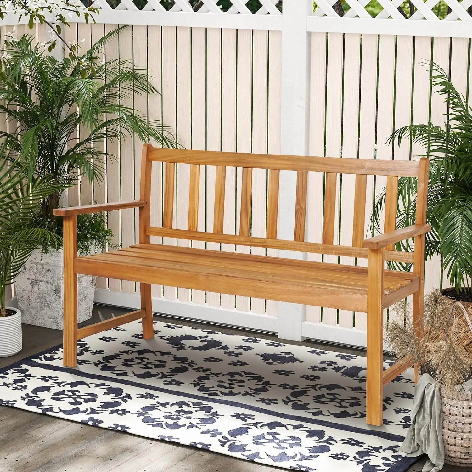Patio Wood Bench with Ergonomic Backrest & Armrests, 2-Person Outdoor Bench, All-Weather Acacia Wood Frame, Loveseat Outside Ben