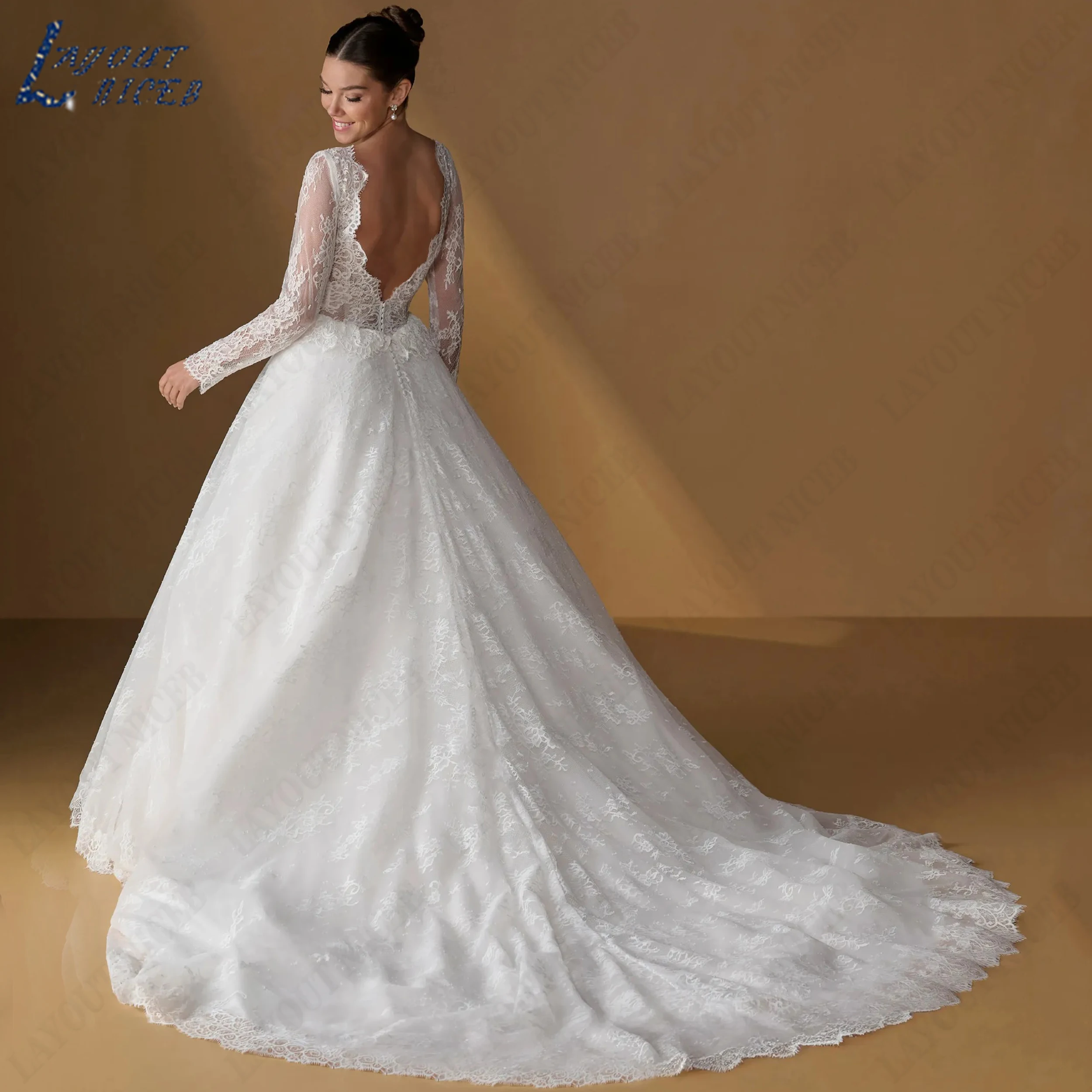 LAYOUT NICEB A-Line Lace Bridal Dress Scoop Neck Long Sleeve Bride Gown Romantic Wedding Dresses Vestidos De Novia Customized
