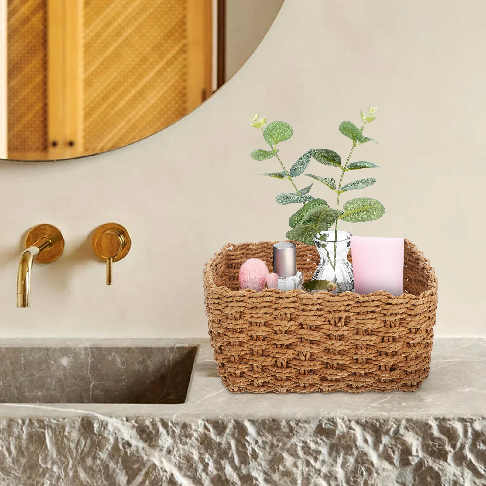 

5 pcs Handwoven Seagrass Set Lightweight Desktop Organizer Bins For Home Office Bedroom Stackable Nesting Desktop Storage Basket