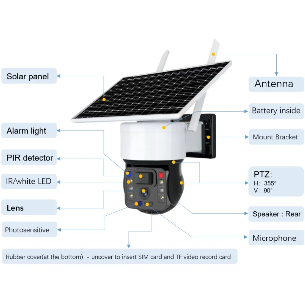 Kamera CCTV IP 4K HD nirkabel GSM, catu daya baterai Panel surya 4G tahan air luar ruangan PTZ