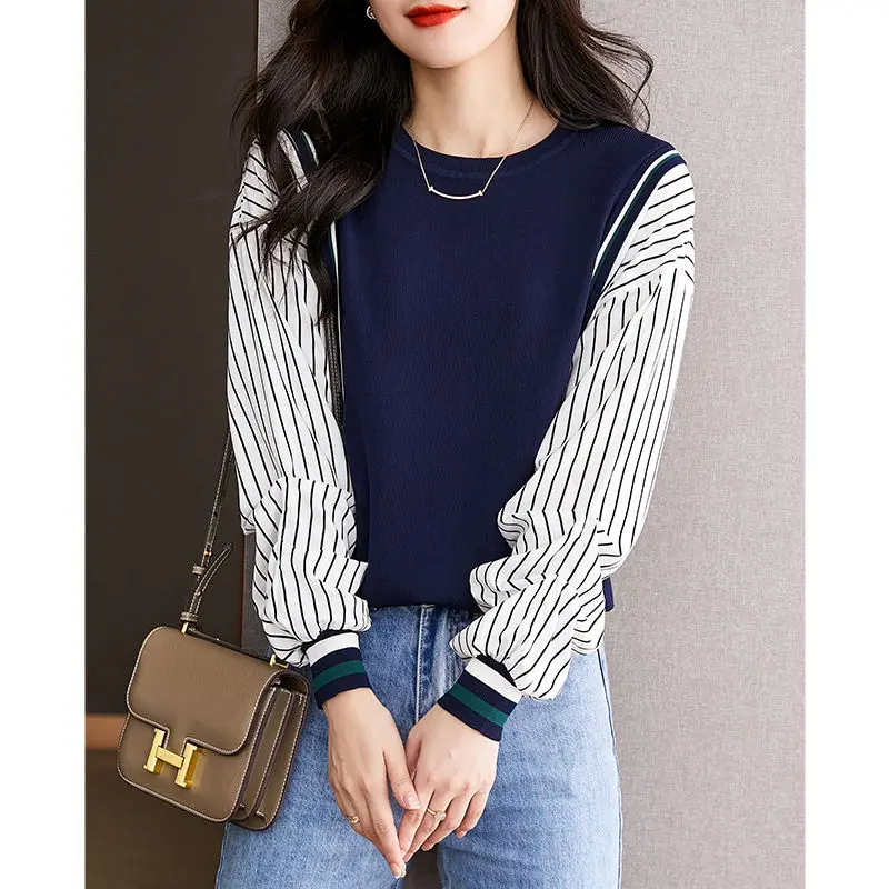 Fake Two Pieces Long Sleeve Patchwork Blouse Spring Autumn Long Sleeve Loose Vintage Shirt Tops Fashion Elegant Women Clothing