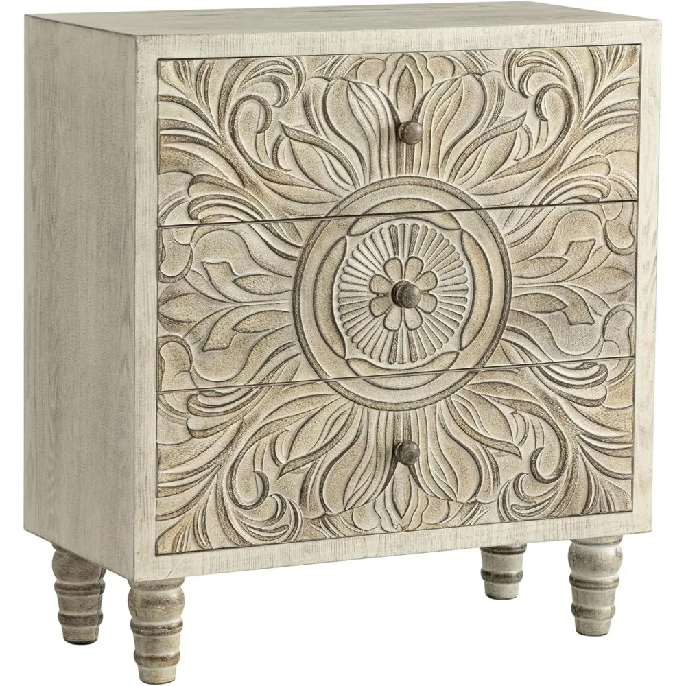 

3-Drawer Bedroom Dresser with Carved Floral Front, Distressed Weathered White Finish – Rustic, Boho, French Country, Farm