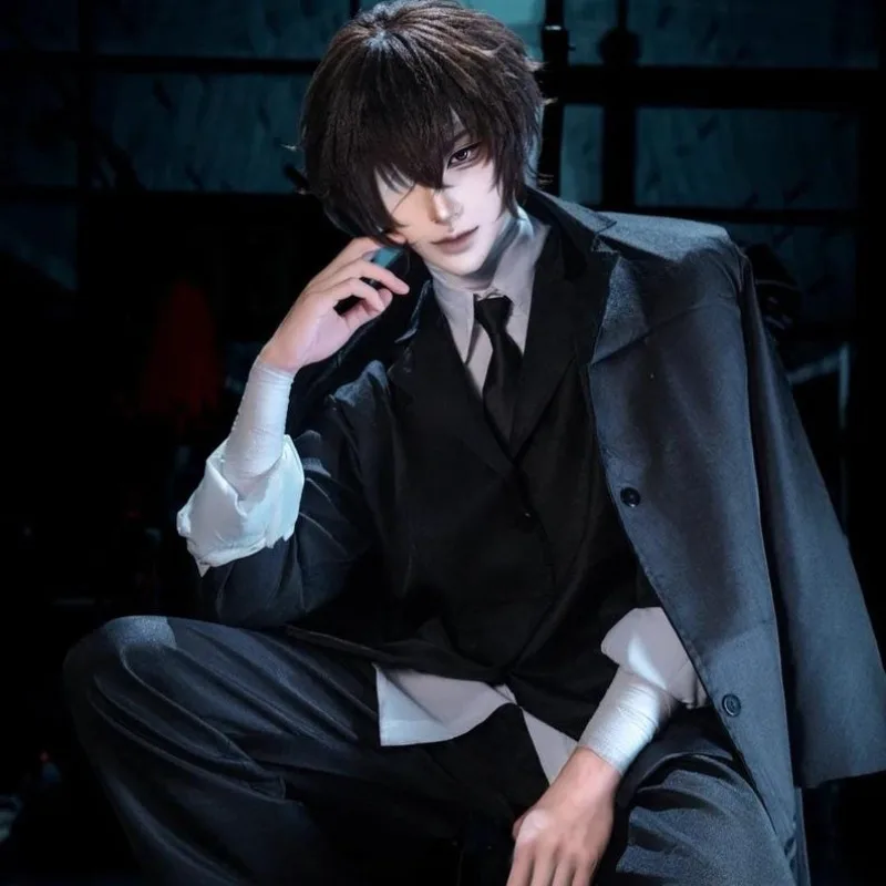 

Anime Osamu Dazai Cosplay Black Trench Coat Elegant Suit White Shirt Pants with Accessories Wig Full Set Role Play Outfit Men