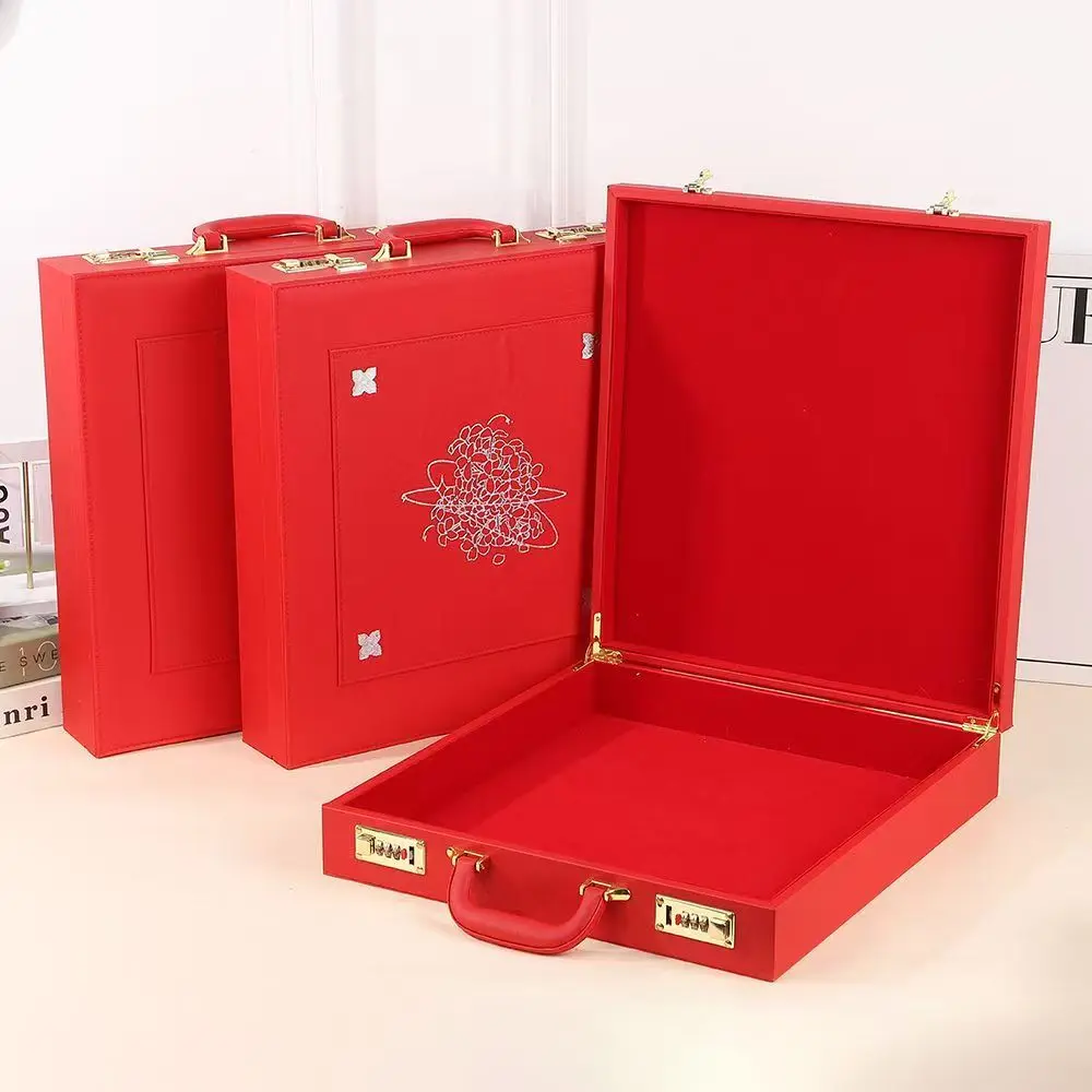 Festive Red Handheld High-end Leather Storage Box with Password Lock Exquisite Pattern Fit for Business Gifts Large Capacity