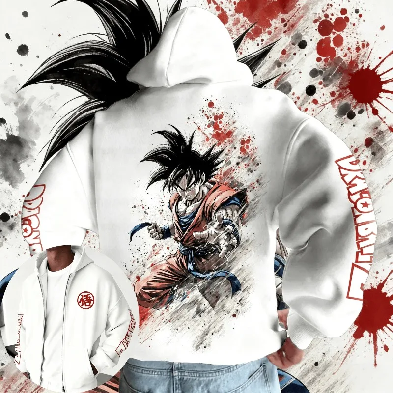 DRAGON BALL Z Goku Weißer Kapuzenpullover Baumwollhosen-Set Herren Damen Anime-Charakter-Print Zweiteiliges Outfit mit Rot-Tinten-Effekt Streetwear