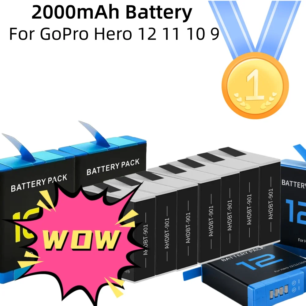 2000mAh Battery For GoPro Hero 12 11 10 9 Li-ion Battery Pack Motion Camera Battery Storage Fast Charger Rechargeable