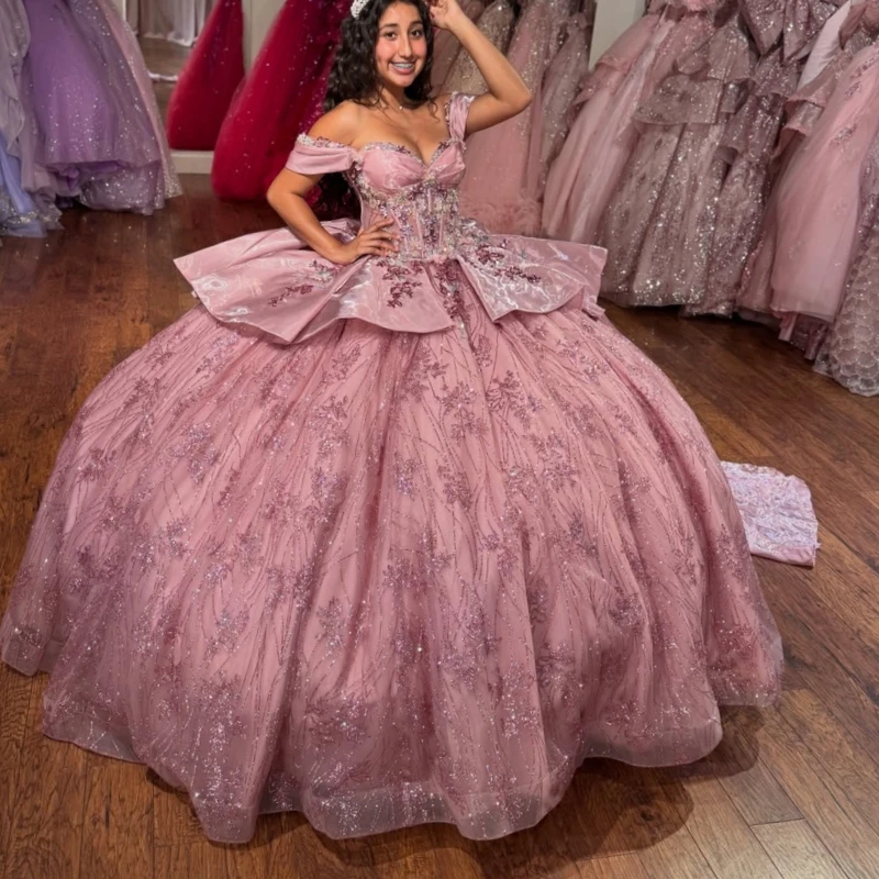 

Pink Shiny Ball Gown Quinceanera Dresses Sequin Applique Lace Beading Crystal Bow Tiered Tull Corset Off The Shoulder Sweet 16