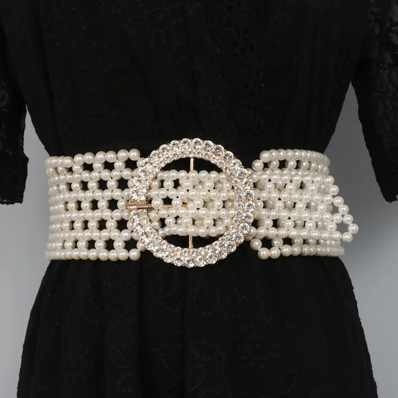 

Woman European and American Retro Woven White Pearl Elastic Waistband Fashion Matching Dress Sweater Suit Wide Belt for Women